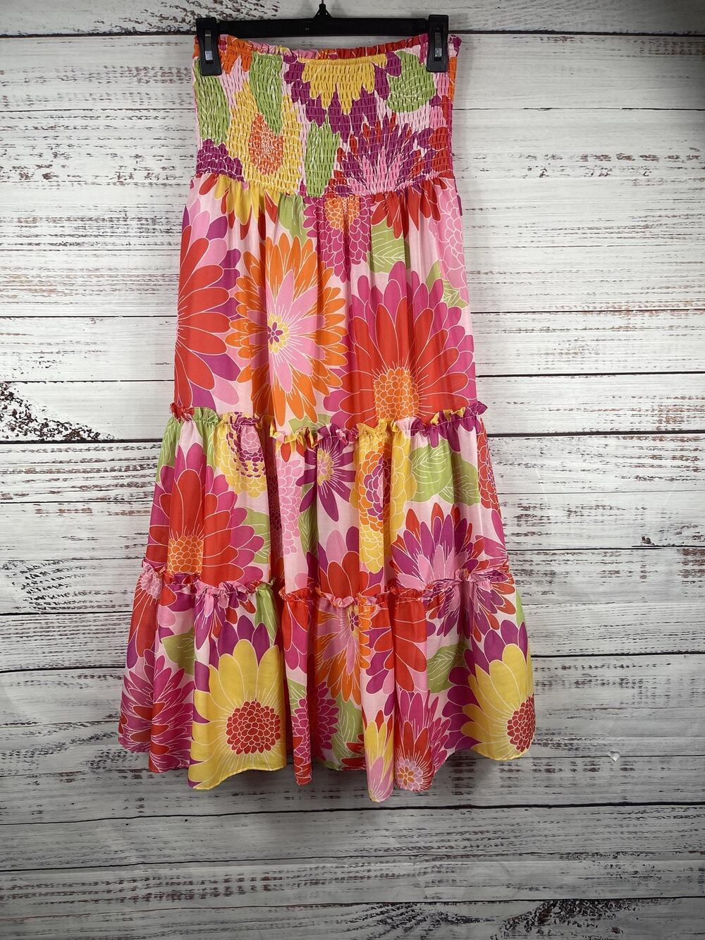 J. Marie Dress Women's Size S Multicolor Floral Smocked Bodice Tiered Midi Boho